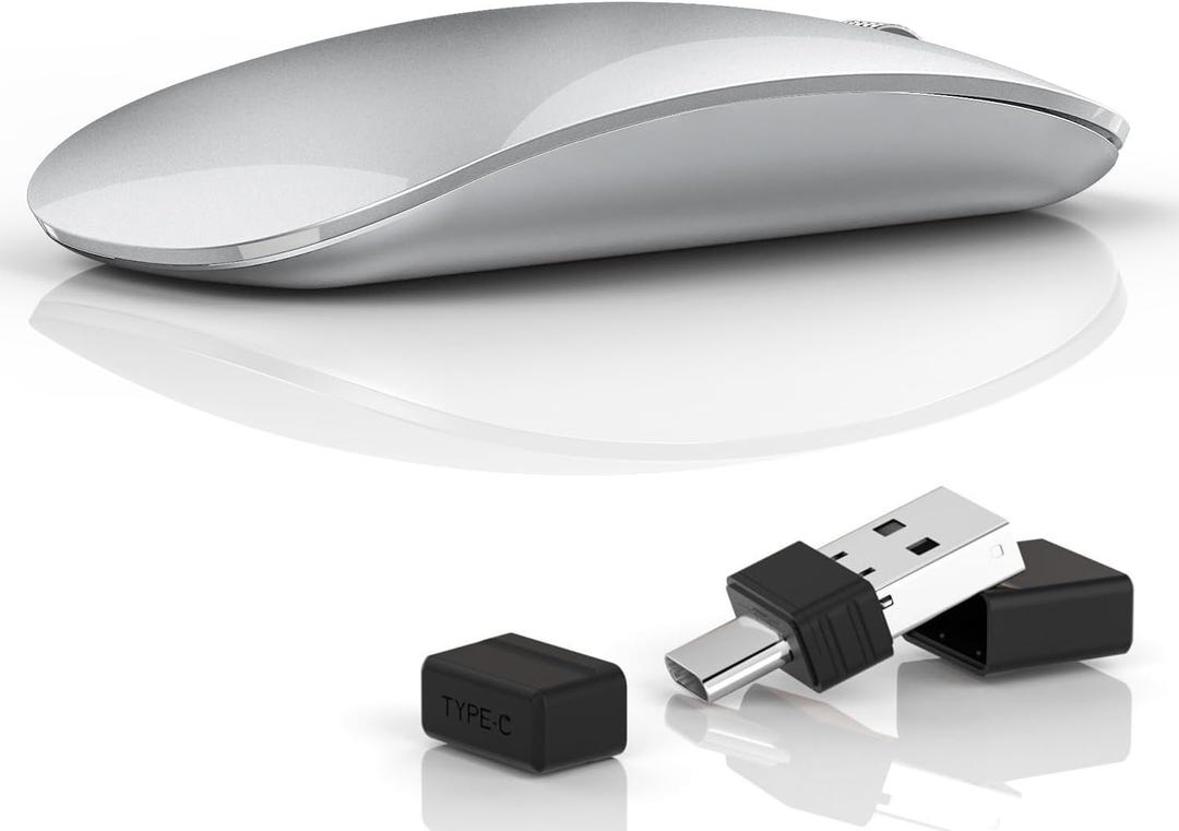 Uiosmuph G11 Wireless Mouse, USB C Rechargeable Computer Mouse, Slim Silent Mice 2.4GHz Optical with USB Nano Receiver and Type C Receiver for Laptop/Mac/PC - Silver
