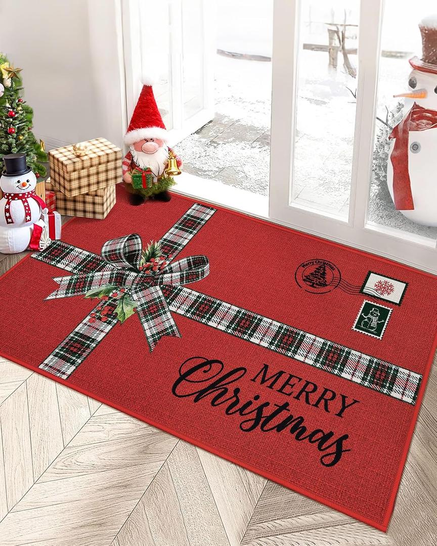 RUGSREAL Christmas Door Mat Indoor Entrance 17x29 Kitchen Mats for Floor Non Slip Christmas Doormat Bathroom Rug Stain Resistant Carpet for Bedside Entryway Laundry 17''x29'' Christmas Postcard