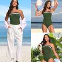 Daci Bandeau Tankini Swimsuits for Women - Two Piece Ruched Tummy Control Bathing Suit Strapless Swimwear with Bottom (Green, S)