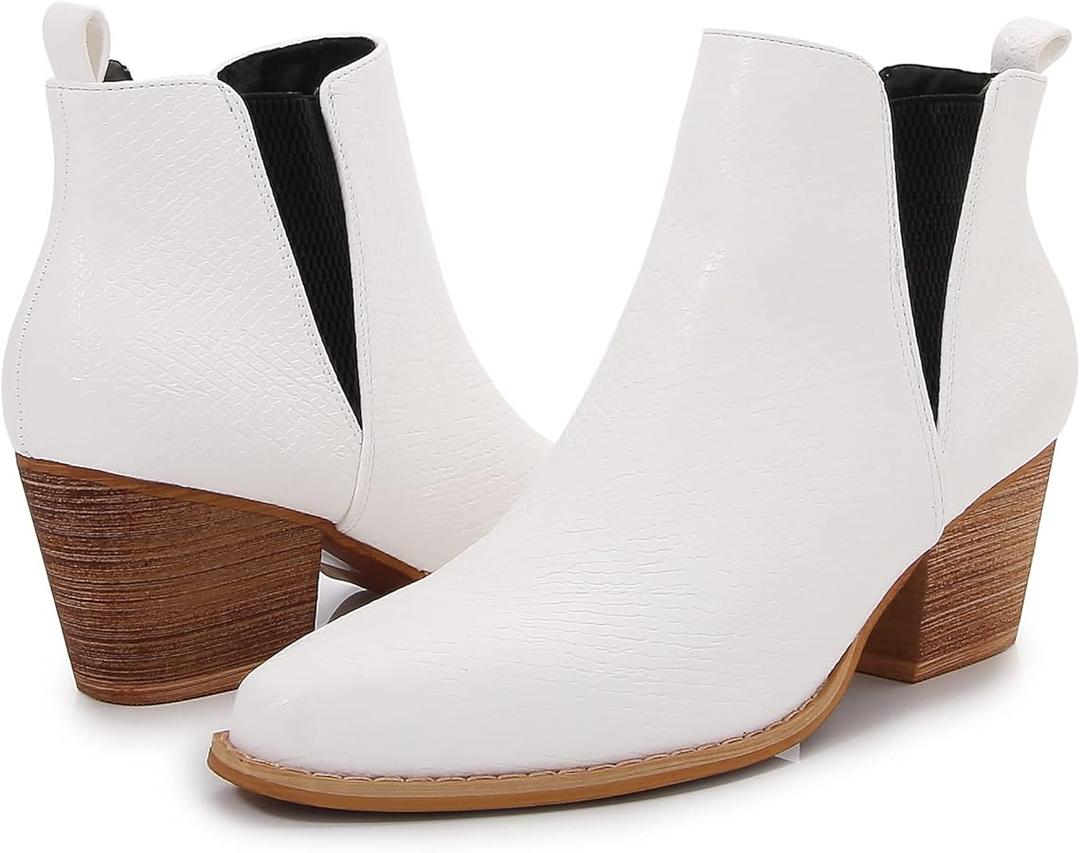 MM Women's Pointed Toe Mid Heels Chelsea Ankle Boots, Slip On Elastic Chunky Block Wooden Heel Short Western Booties for Ladies, Fall, White, 7 