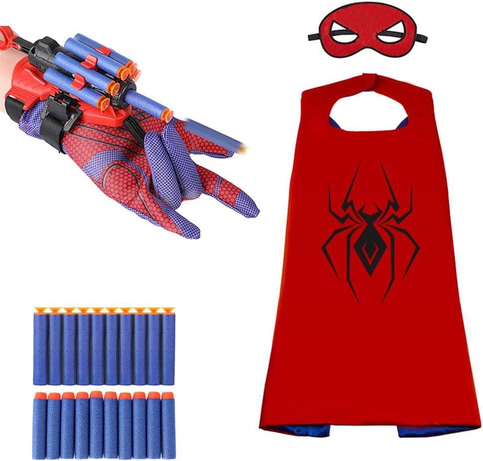 Spider Web Shooter + Cape + Felt Mask Toys for Boys, Superheroe Bracelet Wrist Launcher, Children Boy Party Toy, Spider Gloves Man Toy, Cosplay Costumes Birthday Gift for Kids 4 5 6 7 8 9 10 Years Old
