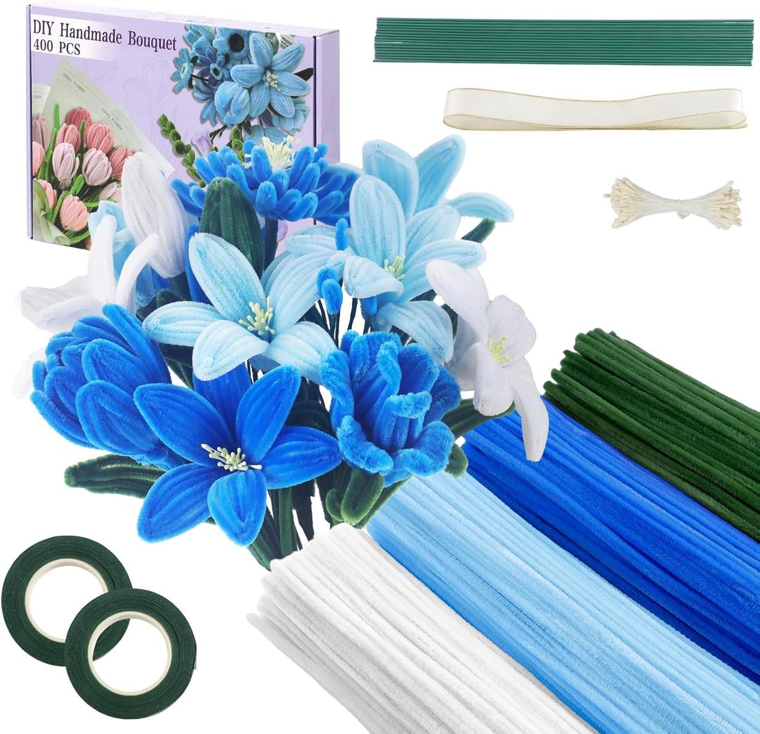 400 Pcs Pipe Cleaners Craft,4 Assorted Colors Pipe Cleaners Bulk, Chenille Stems for DIY Flower Making Kit with Floral Wires, Gardening Tape,Stamen& Ribbon (Blue)