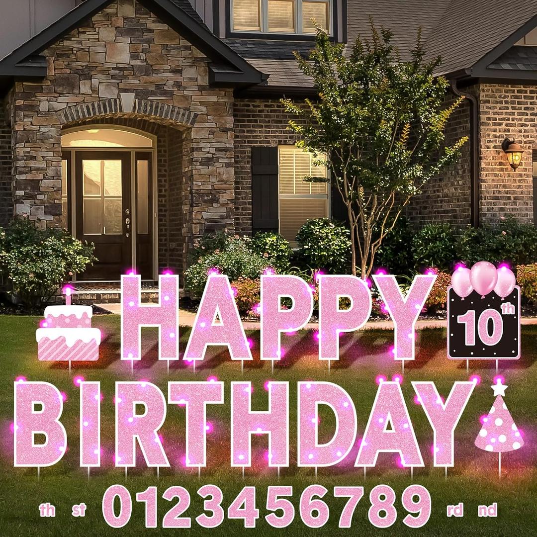 Yerliker 16 Pcs Happy Birthday Yard Signs with Stakes, 32.8 ft LED Lights, 42 Pcs Number Stickers, 13.4 Inch Letters Signs for Birthday Party Supplies Yard Lawn Outdoor Decoration (Pink)
