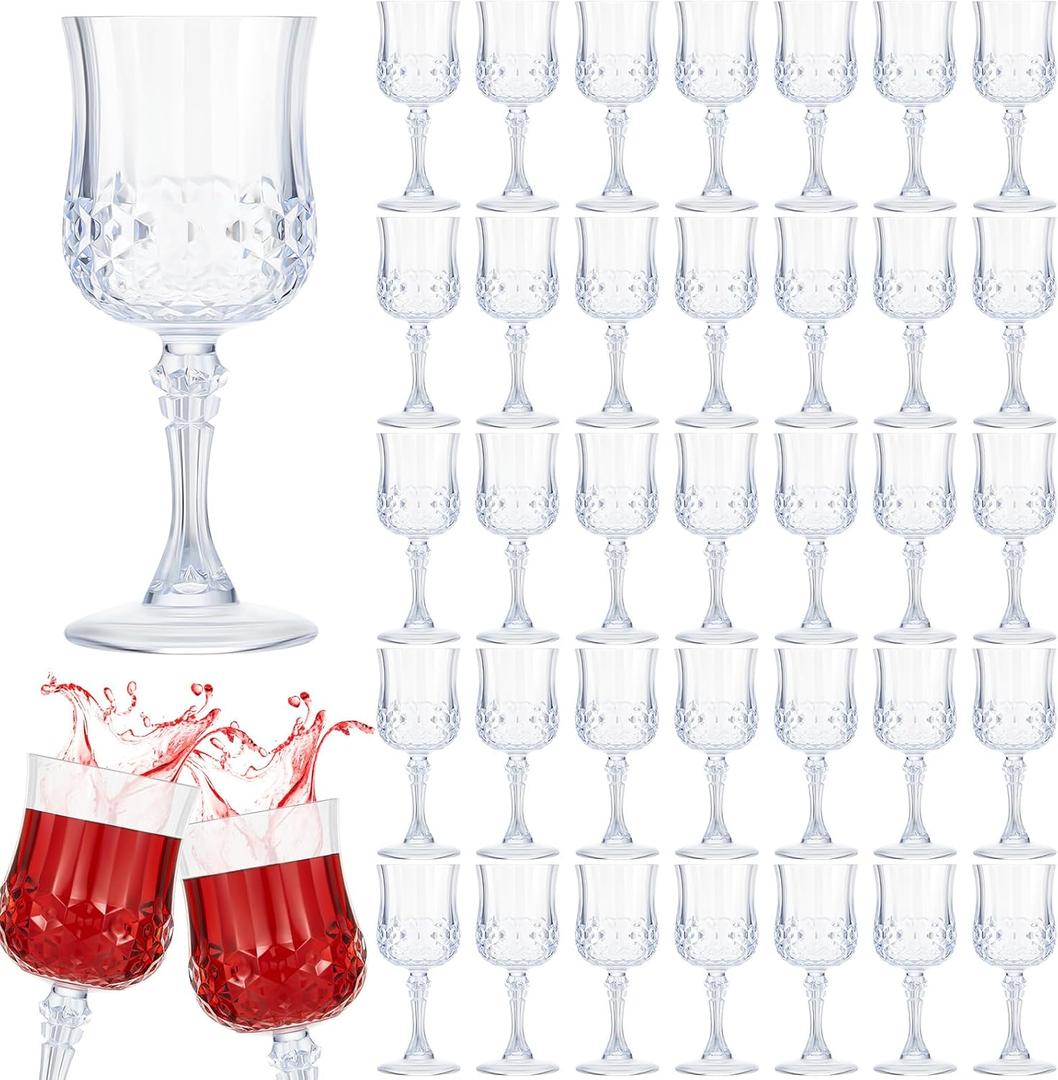 Pinkunn 50 Pcs 7 OZ Plastic Vintage Wine Glasses Reusable Colored Goblets Patterned Drinking Water Glasses Cup Dishwasher Safe for Wedding Reception Party Supplies (Transparent)