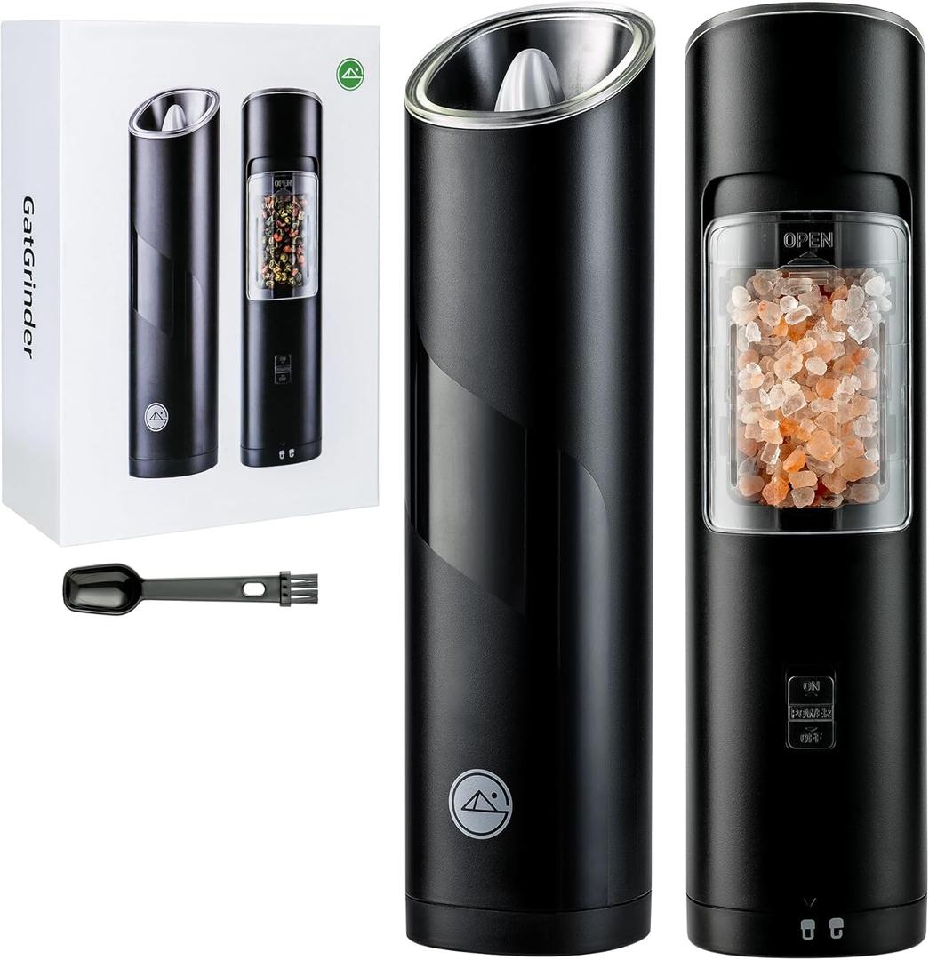 GATGOODS Gravity Electric Salt and Pepper Grinder Set, Adjustable Coarseness, Warm LED Light, One-handed Automatic Operation, Battery Powered, Black, Electric Pepper Mills