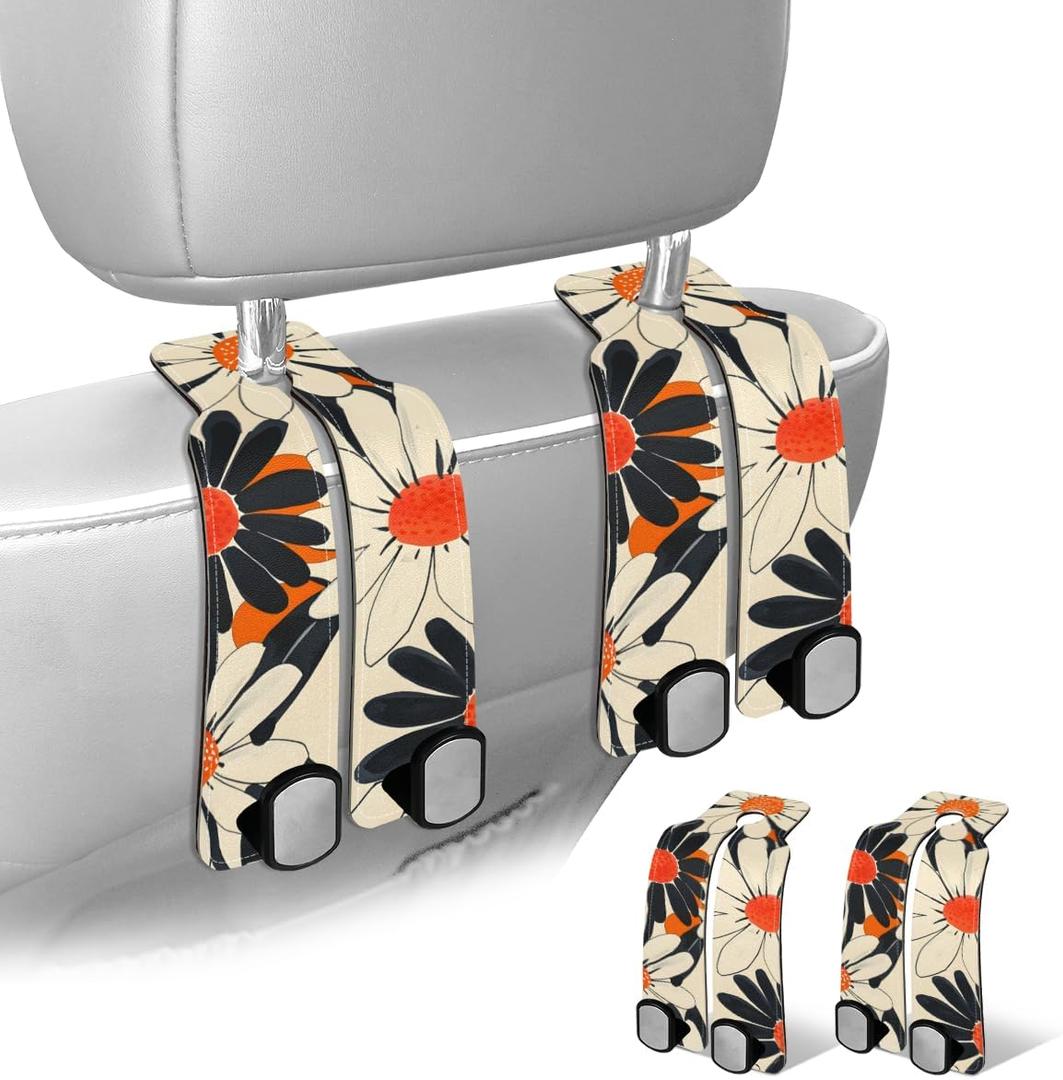 Headrest Hooks for Car Seat Back Organizers, 2 Packs Car Purse Holder, PU Leather Bag Hooks, Purse Hook Cars Organizer Front Seat, Cars Decorations Interior Necessities (Orange Flowers)