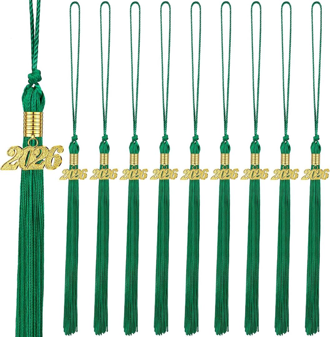 Chuangdi 10 Pieces 2026 Grad Graduation Tassels Graduation Cap Tassels with 2026 Charms Graduate Hat Decoration for School Party Favors(Green, Gold)