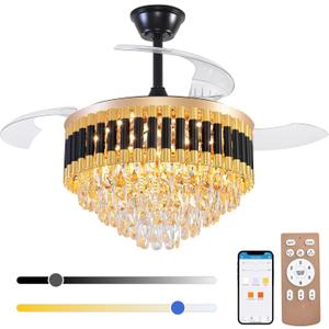 42'' Crystal Ceiling Fan Fandelier with Lights-Low Profile Flush Mount Ceiling Light with Fan, Reversible and Remote Control Black Ceiling Fan Light for Bedroom, Living Room