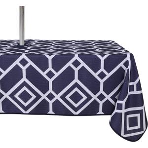 LUSHVIDA Moroccan Outdoor Tablecloth with Umbrella Hole and Zipper, 60 x 102 Inch Navy, Rectangle Waterproof Wrinkle Free Table Cloth Decorative Fabric Washable Table Cover for Patio, Party, Picnic