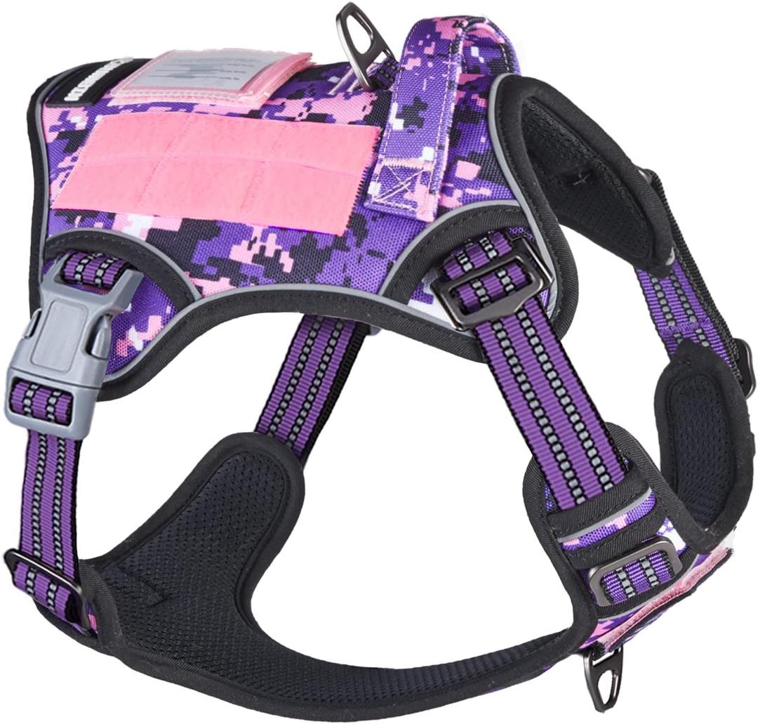 BUMBIN Tactical Pet Walking Harness with Handle for Medium Dogs, Adjustable, Famous TIK Tok Fit Smart Reflective No Pull Vest for Training, Purple M (M(Neck:16-20", Chest:17-27"), Purple Camo)