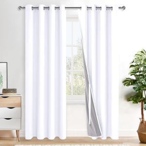 XWZO 100% Blackout Curtains 2 Panels with Tiebacks- Heat and Full Light Blocking Window Treatment with Black Liner for Bedroom/Nursery, Grommet Top, White, W52 x L84 Inches Long, Set of 2
