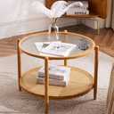 VINGLI 25.6" Rattan Coffee Table, Round Water-Wave Glass Metal Center Table, Modern Coffee Table with 2-Tier Storage, Farmhouse Circular Table for Living Room and Small Space, Natural Vibe