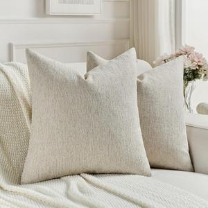 FUTEI Pack of 2 Chenille Decorative Throw Pillow Covers 20x20 Inch,Soft Cozy Faux Linen Textured Cushion Case,Farmhouse Home Decor for Couch Living Room,Natural Linen