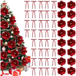 52 Pcs Large Christmas Magnolia Flowers and Velvet Bows for Christmas Tree Ornaments 10 Inch Artificial Glitter Poinsettia Floral Picks Stems for Xmas Tree Wreath Fireplace Garland(Red)
