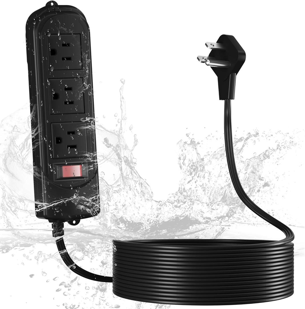 Outdoor Power Strip Weatherproof 15 FT, IPX4 Waterproof 3 Outlets Extension Cord with 45 Flat Plug,Shockproof and Overload Protection,Wall Mountable for Camping, Holiday, Bathroom, Garden,Patio, ETL