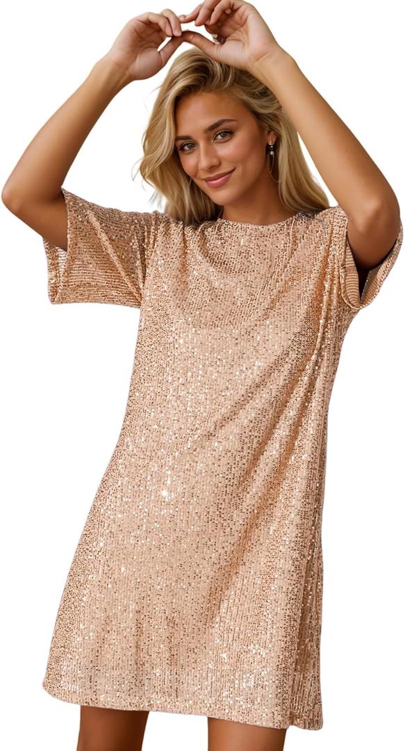 R.Vivimos Women's Loose Party Sparkly Sequin Dress Short Sleeve Back Button Crew Neck Glitter Mini Shift Dress Clubwear (X-Large, Rosegold)
