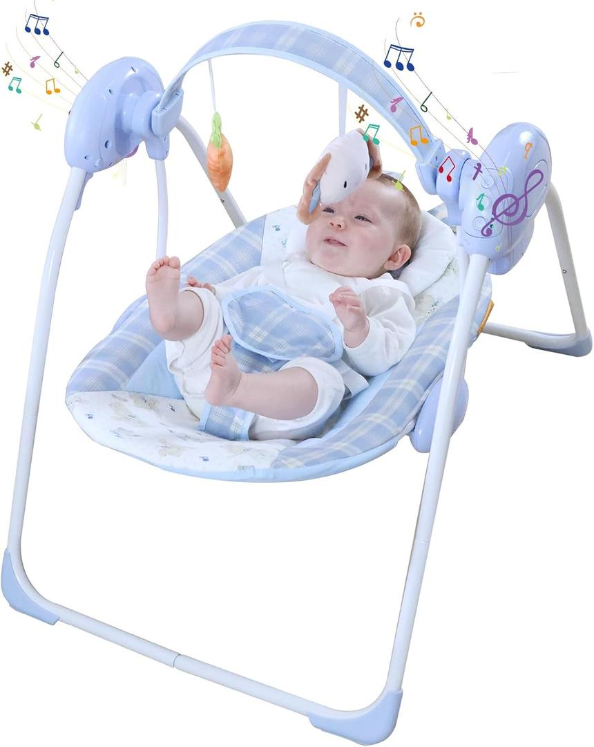 Portable Baby Swing for Infants, Compact & Foldable Infant Swing with 5-Speed Swing, Music, Timer, Cushioned Seat, Battery Operated, 0-9 Months 6-20 lbs, SG2401 (Blue)