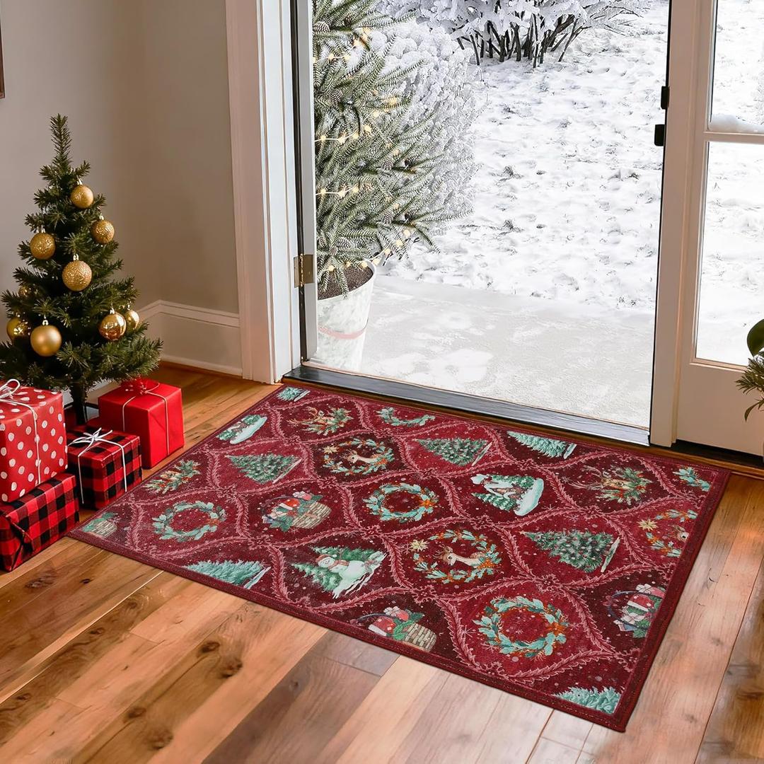 GarveeHome Christmas Rug 2x3 Boho Non-Slip Stain Resistant Machine Washable Rug for entryway, Large Neutral Low-Pile Area Rug for Living Room Bedroom Office, Red