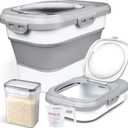 Rice Storage Container, Collapsible Airtight Food Storage Containers 6-20 Lbs, Rice Dispenser with Measuring Cup and Small Bin for Flour Cereal Pasta Grain, Cat Pet Dog Bird Food Container (Gray)