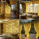 HXWEIYE 300LED Fairy Curtain Lights, 9.8x9.8Ft USB Plug-in 8 Modes Christmas String Hanging Lights with Remote for Bedroom Backdrop Wedding Indoor Wall Decor, Warm White, Standard 1 Pack