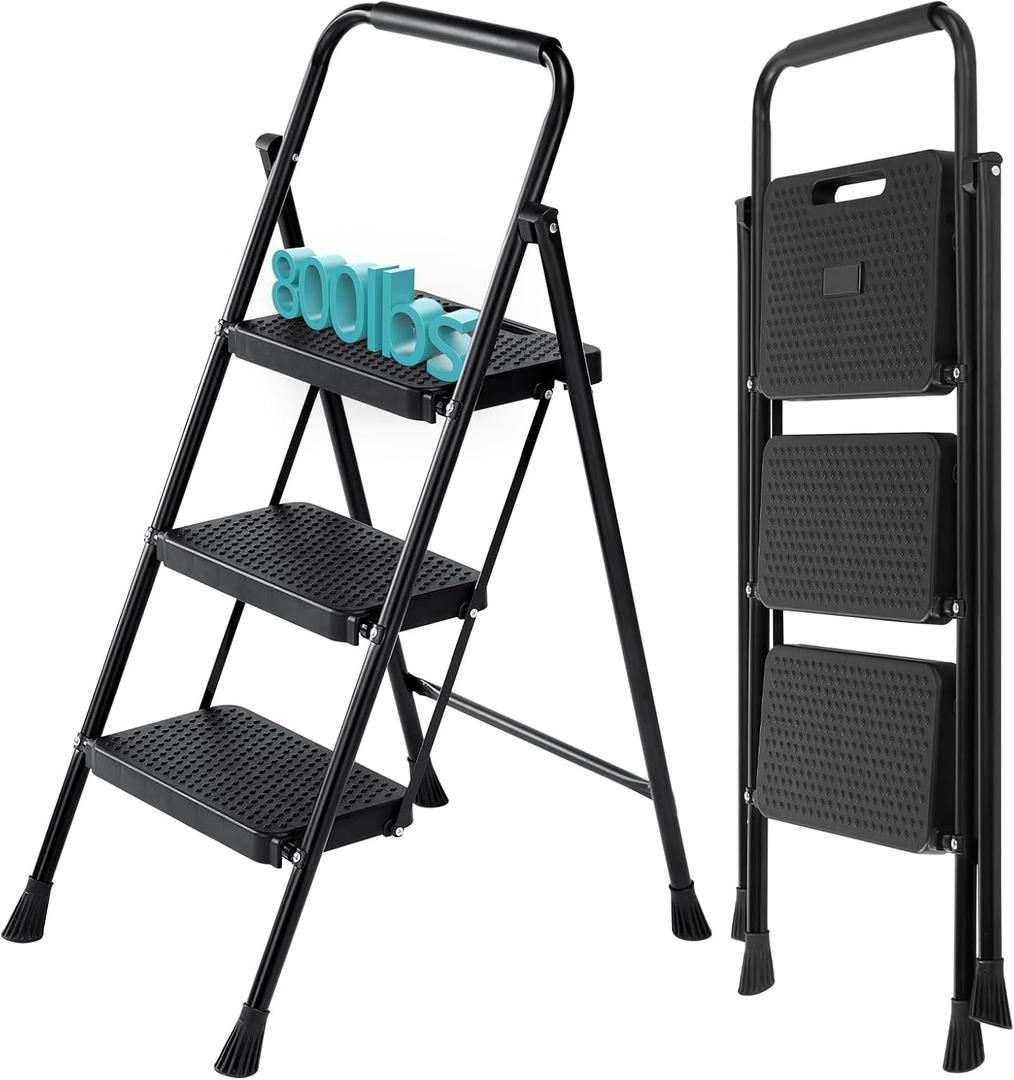 Step Ladder, 3 Step Stool Foldable with Anti-Slip Pedal & Comfortable Handrail, 800lbs Capacity Sturdy Steel Ladder, Protable Heavy Duty Step Stool for Kitchen, Garage & Outdoor Use, Black