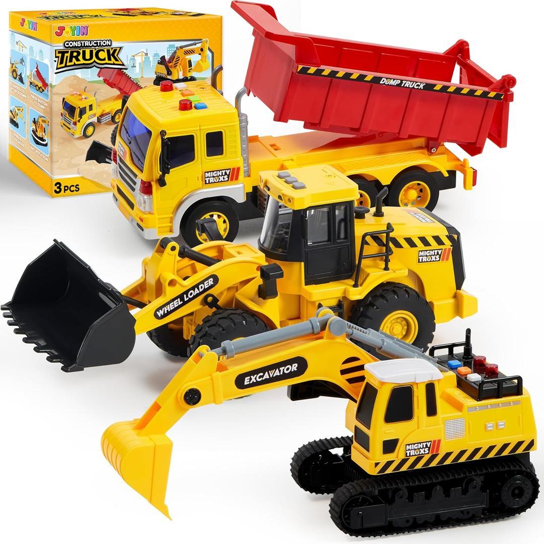JOYIN 3 Pack Construction Toy - Excavator, Dump Truck and Loader, Moveable Claw & Lifting Back, Construction Truck Toy, Birthday Gift for Toddler Boys Kids
