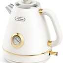 Hazel Quinn Retro Electric Kettle - 1.7 Liters / 57.5 Ounces Tea Kettle with Thermometer, All Stainless Steel, 1200 Watts Fast Boiling, BPA-free, Cordless, Automatic Shut Off - Pearl White