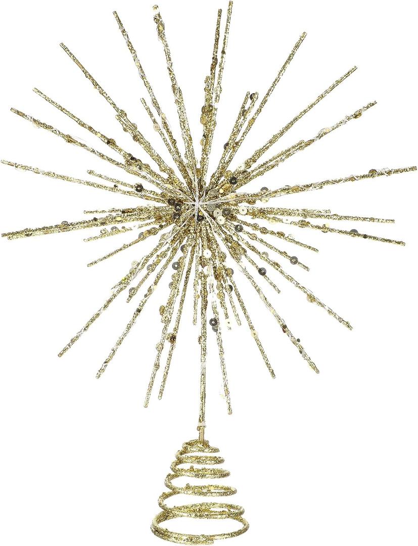 Sonwyoung Large Christmas Starburst Tree Topper with 20 LED Lights 13 Inch Glitter Christmas Star Tree Topper Sparkle Lighted Xmas Burst Home Treetop Ornament for Tree Party Decorations (Gold)