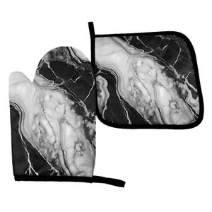 3 x Perinsto Black and White Marble Oven Mitts & Pot Holders Kitchen Set Heat Resistant Decorative Cooking Gloves Microwave Oven Gloves for Baking Grilling BBQ