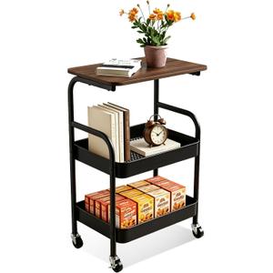 3 Tier Rolling Cart with Walnut Table Top, Sturdy Metal Storage Cart with Lockable Wheels, Multi-Purpose Mobile Shelf for Kitchen, Bedroom, Snacks, Coffee, Craft, Makeup, Garage (Black)