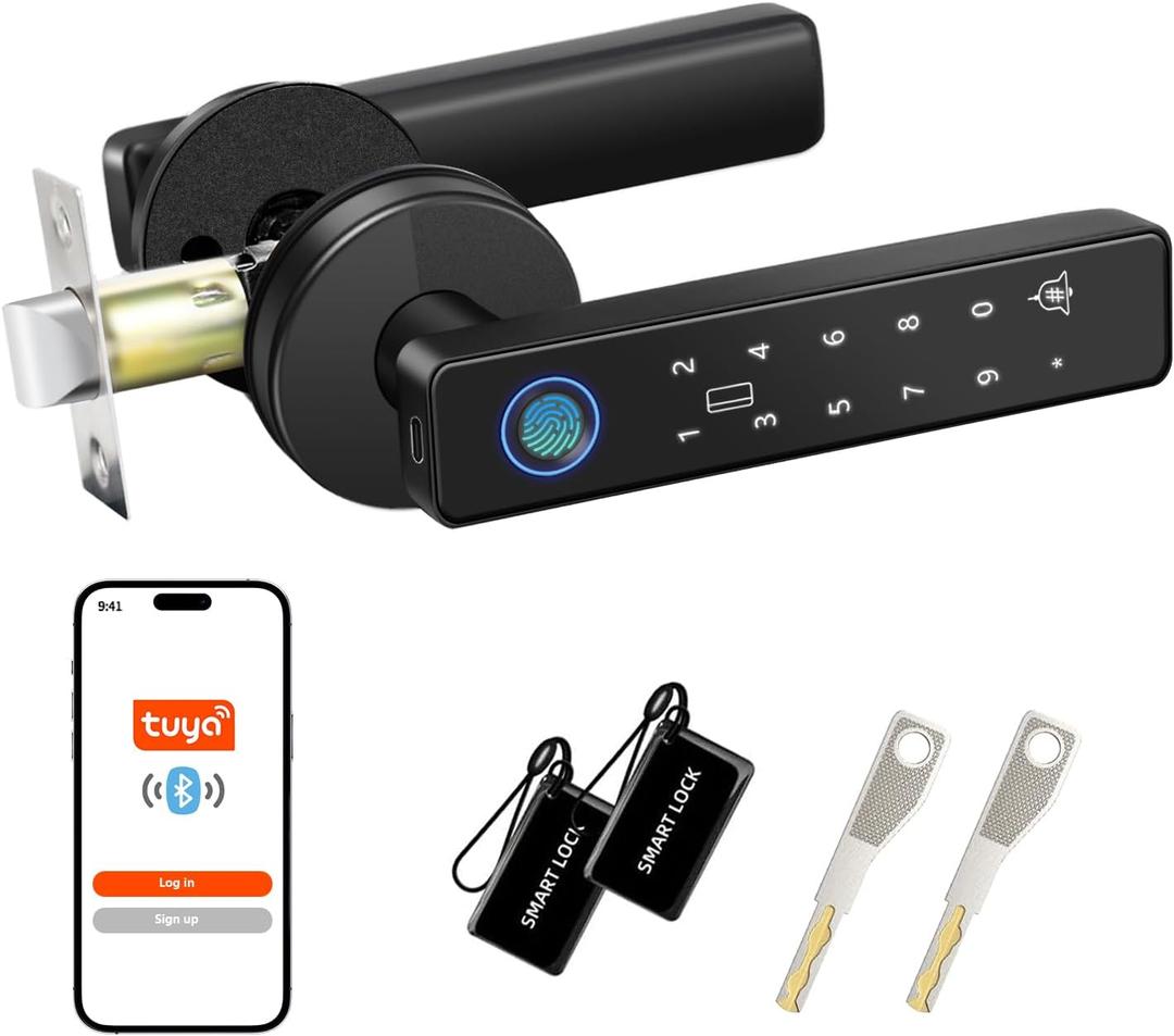 Smart Fingerprint Door Knob with Handle, 5-in-1 Keyless Entry Lock with Keypad & 5 Ways Unlock, Biometric Door Lock Electric Door Knob with 6 Languages and Doorbell for Bedroom, Apartment, Office