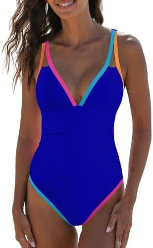 popvil Women's One Piece 2025 Tummy Control Swimsuits Neon Color Block Swimwear Deep V Neck Slimming Bathing Suit SizeM
