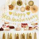 Roetyce 50th Anniversary Decorations, Gold Glitter Happy 50th Anniversary Banner Photo Background for Women Men, Cheers to 50 Years Backdrop Pompoms Paper Fans Party Supplies Dad Mom