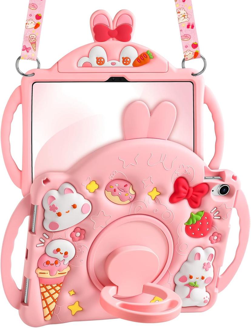 Wazzasoft for iPad A16 Case/10th Generation Case - Kids Girls Cute Girly Protective Silicone Rabbit Tablet Cover for iPad 11th 11" 2025/10.9inch 2022 with Shoulder Strap & Rotating Kickstand & Handle