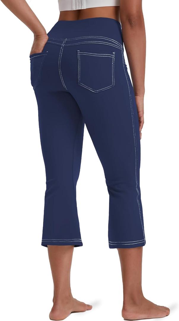 VOOVEEYA Women's Bootcut Leggings - Bootleg Yoga Pants Flare with 4 Pockets,Tummy Control High Waisted Casual Dress Pants (X-Large, Capri Bootcut-navy Blue)