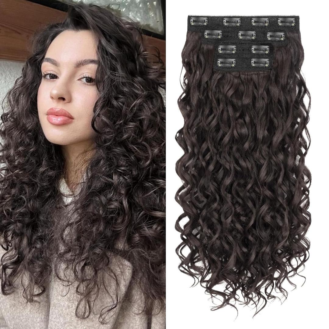Curly Clip In Hair Extensions, 4PCS 20 Inch Dark Brown Extensions Clip Ins Lace Weft Curly Invisible Natural Hairpieces for Women