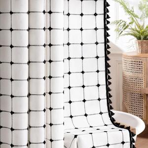 NDDYCU Black and White Farmhouse Shower Curtain,Boho Linen Fabric with Embroidered Plaid Pattern and Tassels for Bathroom,72" W×78" L