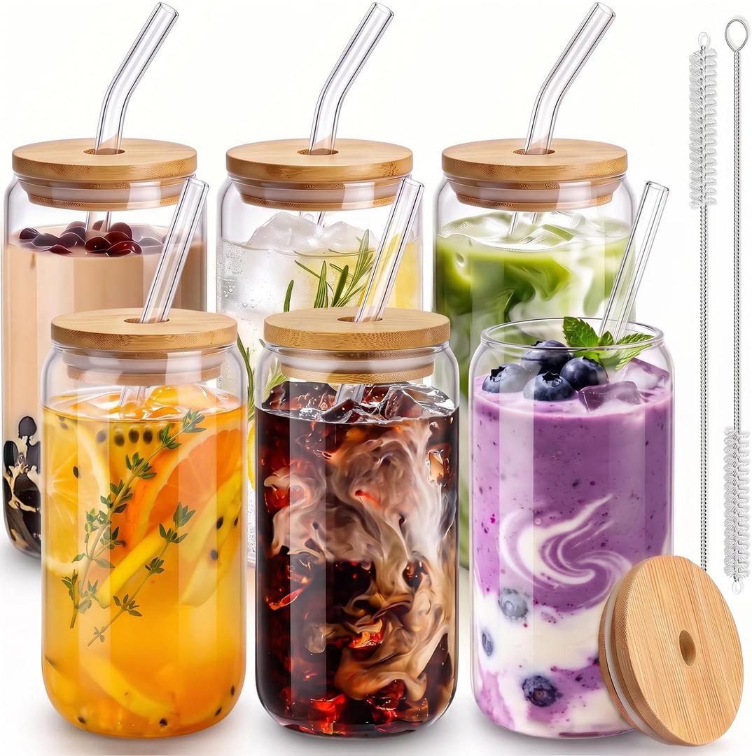 16 Oz Drinking Glasses - 6 Pcs Glass Cups with Bamboo Lids and Straws, 6 Count