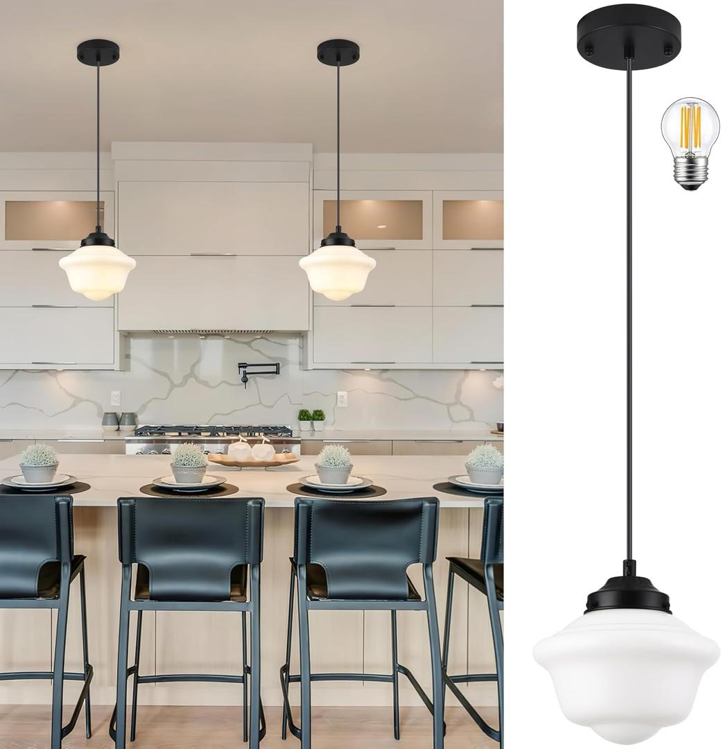 Black Schoolhouse Light Fixture 8" Milk Glass Pendant Light Schoolhouse Pendant Light Milk Glass Light Fixture Mid Century Pendant Light for Bedroom Bathroom Kitchen Hallway (Bulb Incl.)