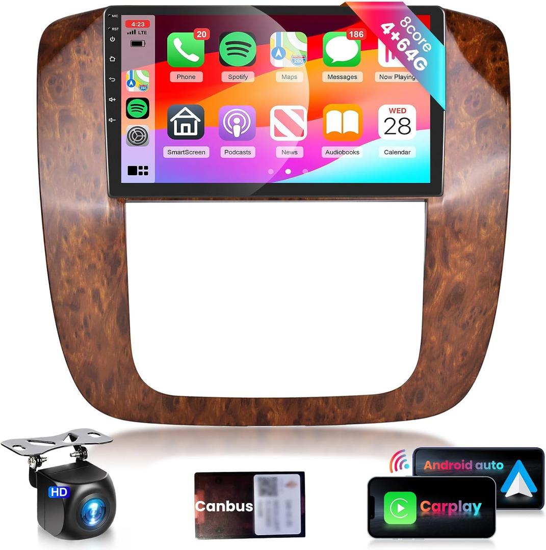 For GMC Sierra Yukon Chevy Silverado Tahoe Suburban 2007-2013 Radio,Hi-Res DSP 46EQ 8Core 4G 64G Wireless Carplay Android Auto,9''1280x720P IPS Touch Screen 5.0Bluetooth WiFi FM/RDS GPS Camera