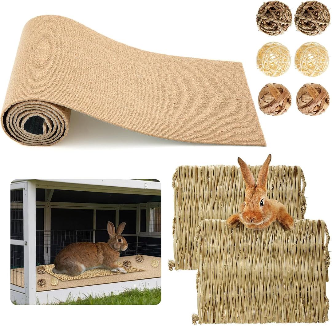 9 Pcs Rabbit Scratch Mat Bunny Accessories, 12 Inch x 3.3 ft Self Adhesive, Rabbit Grass Mats, Bunny Chew Grass Balls, Natural Sleeping Nesting Cage Mat Rug for Guinea Pig Small Animals