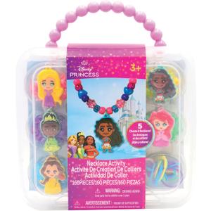 Disney Princess Necklace Activity Case Jewelry Making Kit with Beads, Charms & Strings Create Custom Princess Necklaces Craft Gift for Girls Ages 3+ Portable Storage Case Included