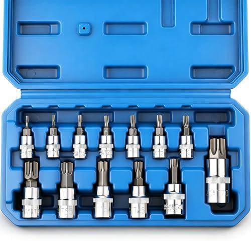 PTSTEL 13Pcs Torx Bit Socket Set T8-T70 CRV Star Sockets 1/4-inch, 3/8-inch & 1/2-inch Drive For Hand Use Work On Cars, Trucks, Appliances, Lawn Equipment, Machinery, and Other Jobs With Storage Case