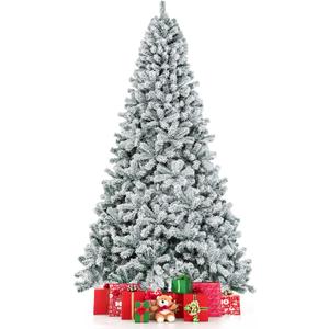 9 FT Snow Flocked Christmas Tree, Artificial Holiday Hinged Pine Tree with 1498 Branch Tips, Solid Metal Stand, Premium Xmas Full Fake Tree for Home, Office, Party Decoration