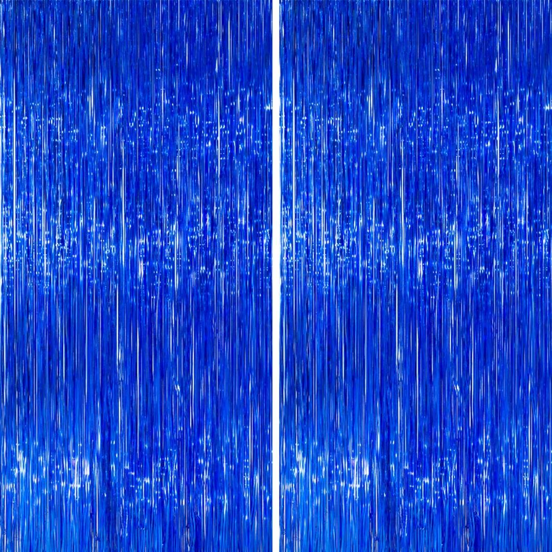 PartyWoo 2 pcs Royal Blue Foil Fringe Curtain, Metallic Foil Tinsel Fringe Backdrop Door Fringe for Birthday Wedding Party Photo Backdrop, Blue Streamers Party Decorations