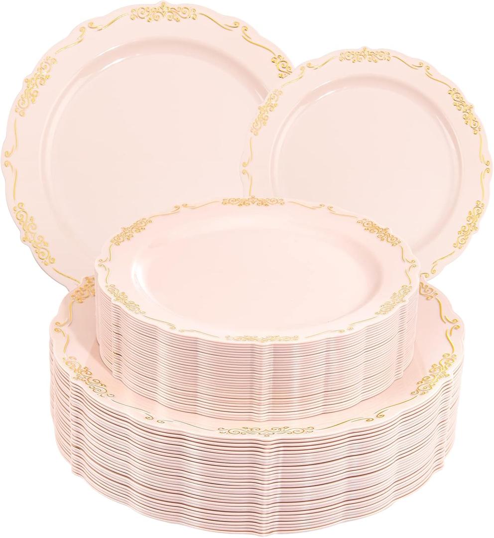 DaYammi 60 PCS Pink Gold Plastic Plates, Pink Disposable Plates with Gold Rim Include: 30 Dinner Plate, 30 Dessert Plate for Party, pink plastic plates with Vintage lace for Wedding