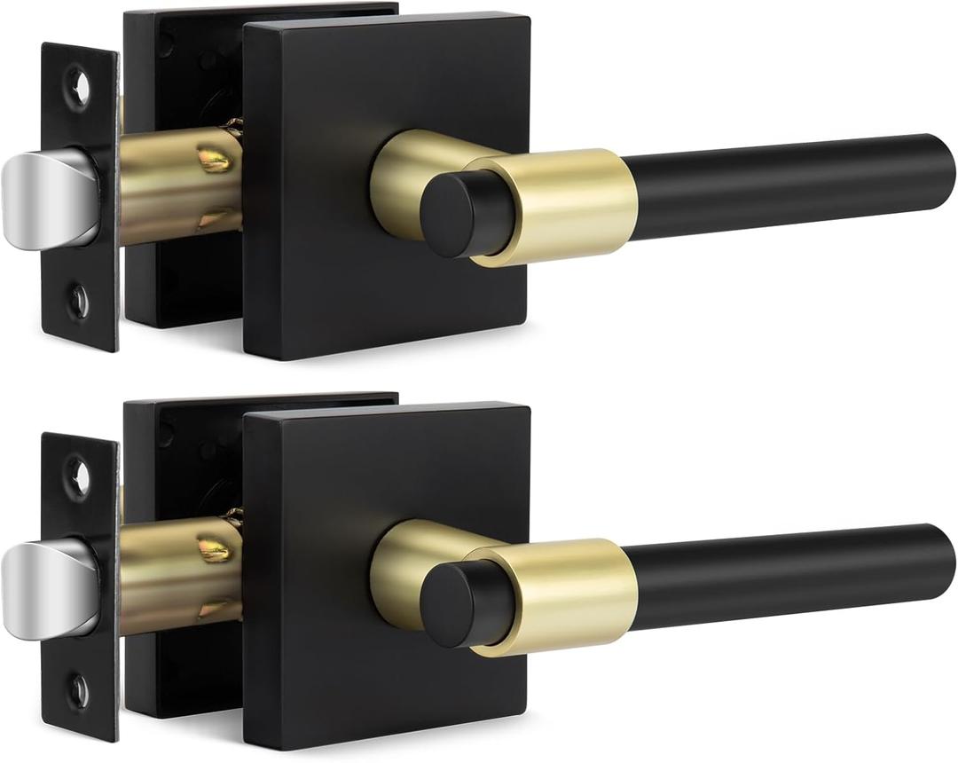 Goldenwarm 2 Pack Black and Gold Interior Door Handles, Heavy Duty Privacy Door Handles Levers, Black and Gold Door Handle Interior for Bedroom and Bathroom(Square, Zinc Alloy)