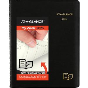 AT-A-GLANCE 2026 Appointment Book Planner, Weekly & Monthly, 8-1/4" x 11", Large, Quarter-Hourly, Recycled, Black (70950G0526)