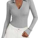 KIRUNDO Polo Shirts for Women Long Sleeve | Business Casual Tops, Ribbed Knit, Collared V Neck, Slim Fit, Office Work Blouses, 2026 Fall Fashion Clothing Size L