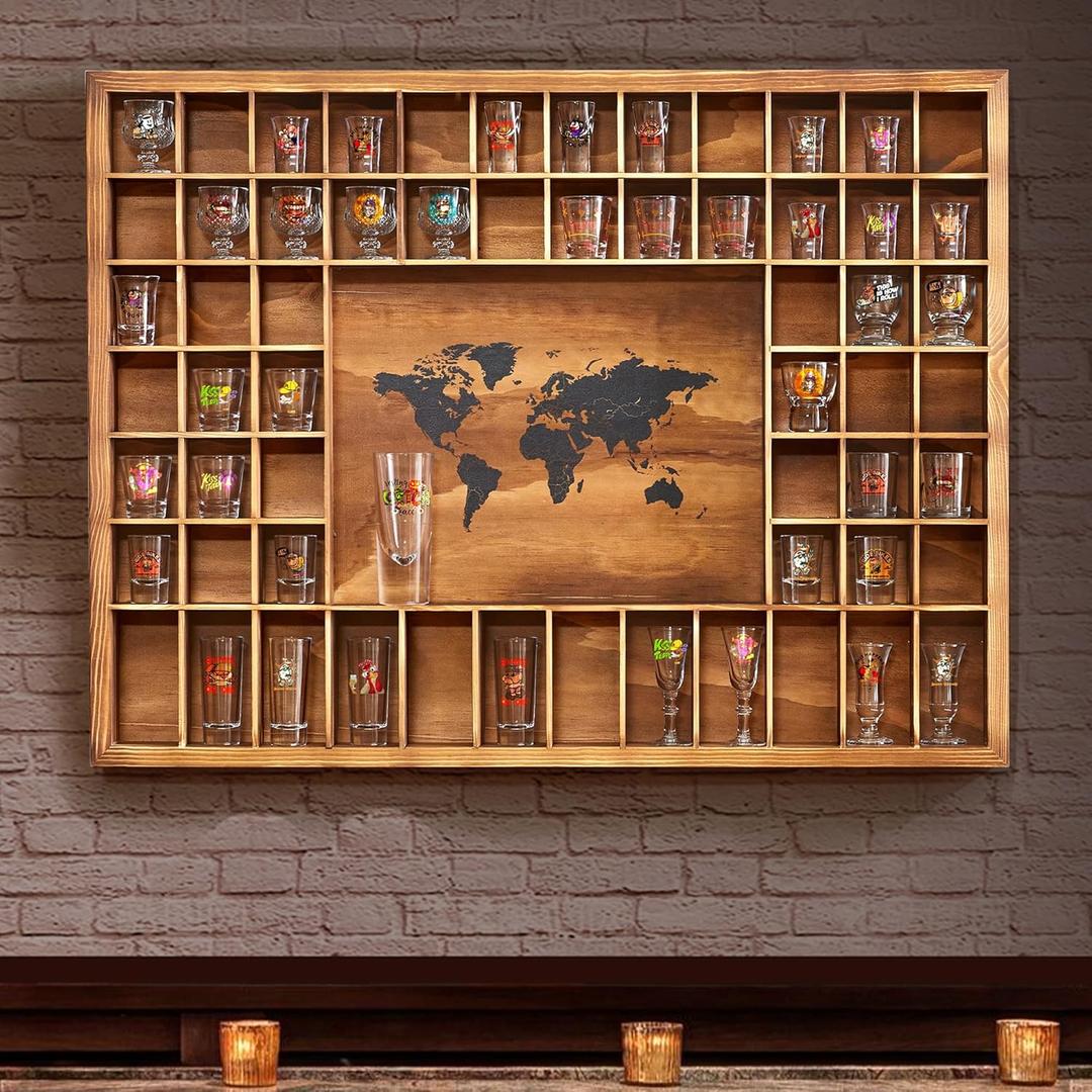 Large Shot Glass Display Case with World Map,60 Slots, 34 X 26 Inch Rustic Wood Shot Glass Display Cabinet for 2 Size -In Rooms Bars Wine Cellars with Shot Glasses Jewelry Shell & Keepsakes